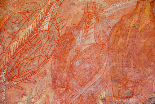 Close up view of 30,000 year old Aboriginal rock paintings of fish catch at Ubirr rock art site in Kakadu National Park, Northern Territory, Australia