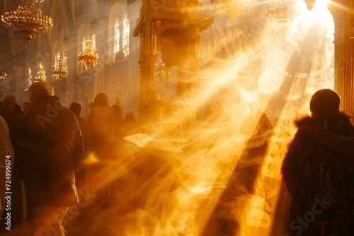 kyiv, ukrainians celebrate orthodox easter near church in may , lens flare, yellow and golden