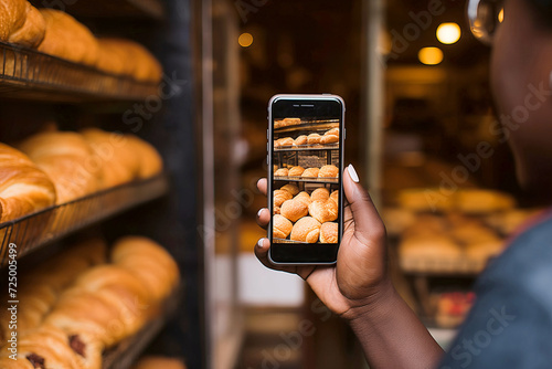 unrecognizable person Taking a Photo with Smartphone of Freshly Baked Bread in Bakery Display