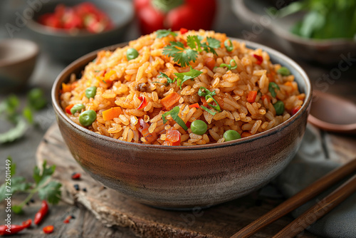 Chopsticks and bowl of fried red rice with vegetables.