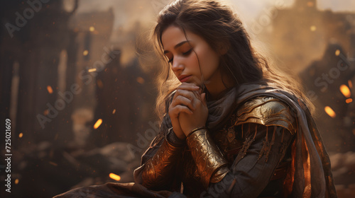A beautiful female warrior princess, prays for an upcoming battle a true prayer warrior