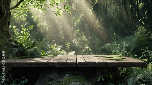 a boreal forest backdrop, featuring an empty wooden table perfect for displaying product mockups, capturing the natural beauty and serenity of the wilderness in a picturesque composition.