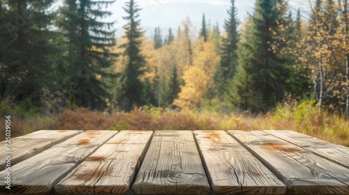 a boreal forest backdrop, featuring an empty wooden table perfect for displaying product mockups, capturing the natural beauty and serenity of the wilderness in a picturesque composition.