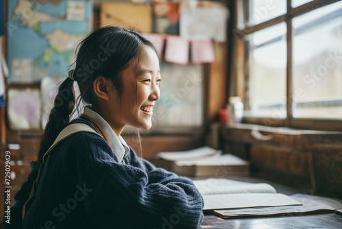 A lifestyle photography of asian schoolgirl sitting at desk, smiling, looking in the window