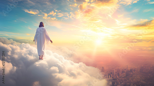 Jesus Christ stands in heaven with clouds at dawn and watches and blesses a large modern city with skyscrapers.