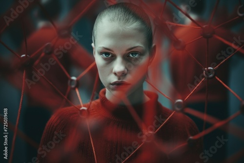 A woman wearing a red sweater stands confidently in front of a wire fence. This image can be used to portray strength, determination, or overcoming obstacles