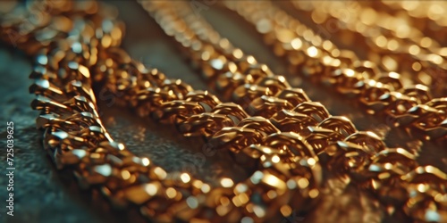 Gold necklace close-up on a table. Ideal for jewelry advertisements or fashion websites