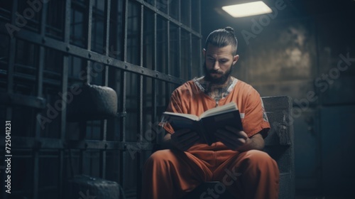 A man is depicted sitting in a jail cell, engrossed in a book. This image can be used to represent incarceration, solitude, or the power of literature to transport individuals to different worlds