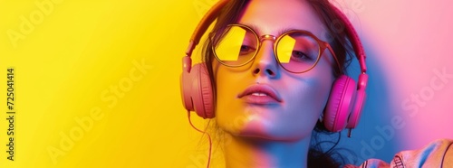 A stylish woman embraces her individuality with bold glasses, a pop of lipstick, and headphones that let her tune out the world and focus on her own rhythm