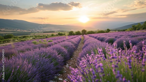 Panoramic view of blooming lavender fields and rolling hills.