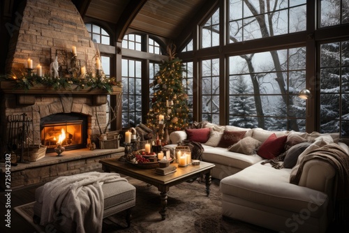 A comfortable living room adorned with Christmas trimmings and a crackling fireplace, creating a cozy atmosphere perfect for the holidays