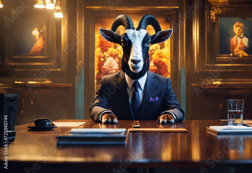 Horned goat of the company. Anthropomorphic goat director is sitting at the table in the boss's office. Allegory, metaphor.