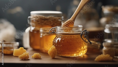 a jar of strained honey and honeycomb decor 