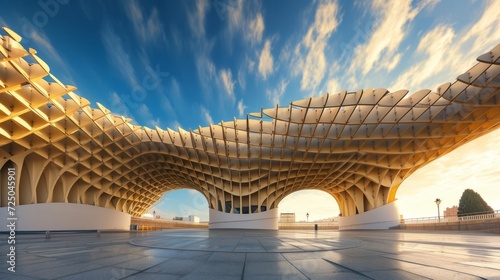 Contemporary symmetrical metropol parasol structure under sunny sky