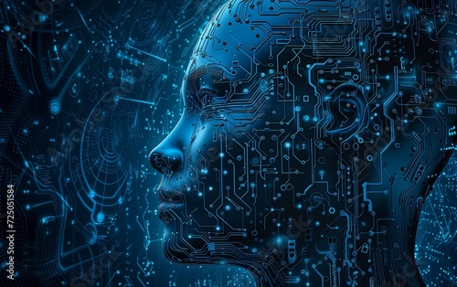 closeup persons head circuit board background artificial intelligence technological screens face shown human torso apotheosis complex beings black interface