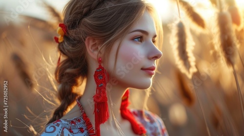 Modern beautiful girl with Red tassel Baba Marta symbol Martenitsa. International Martisor day celebrates spring arrival.