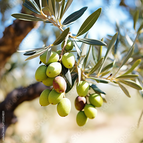 close-up of a fresh ripe hojiblanca olives hang on branch tree. autumn farm harvest and urban gardening concept with natural green foliage garden at the background. selective focus