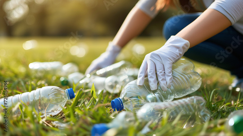 Une personne ramasse des déchets plastique dont des bouteilles dans un parc