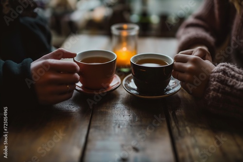 two people sitting table cups coffee holding close hands boba milky oolong tea blurry distant background connected heart machines dialog middle age wood planks intimately