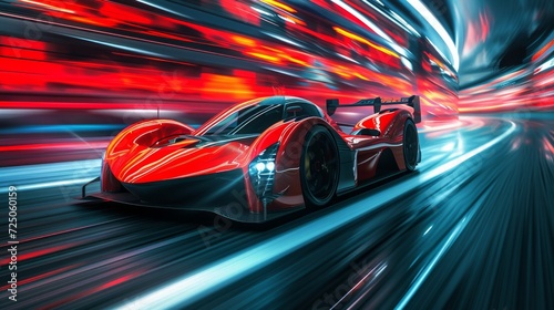 Automobile, Sports race car ready to take on new challenges. Speed and velocity, victory and winning concept. Sports racing car in perspective angle with motion blur background
