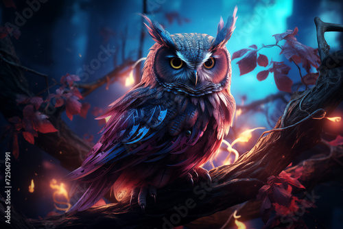 Mystical Owl Perched on a Neon-Lit Branch