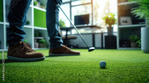 Person playing mini golf indoors, ball near hole. Leisure and sports concept
