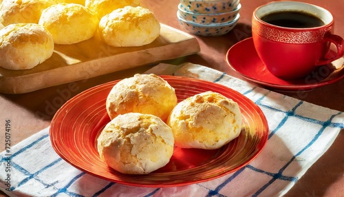 Pão de Queijo. Café da manhã. Comida brasileira. Pães de queijo servidos em um prato vermelho pequeno sobre uma mesa. Xícara de de café e tábua com pães de queijo na composição.