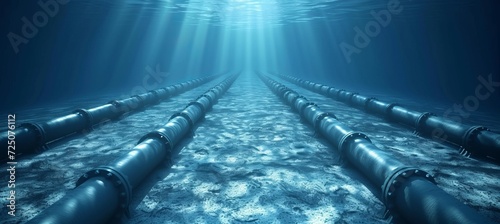 Subsea oil and gas pipeline, industrial equipment on sea bottom, metal conduit in blue ocean