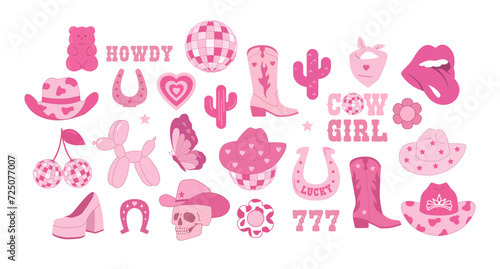 Cowboy and cowgirl pink icons set. Cowboy hat, disco ball, boots, lucky, cactus. Y2K pink core. Vector