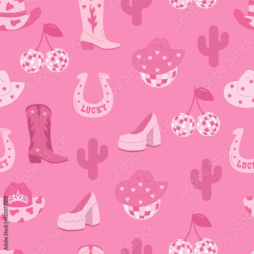 Cowboy party. Disco ball and shoes. Lucky. Seamless pattern. Y2K pink core. Vector