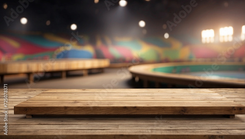 Empty wooden table with blurry skateboard arena background