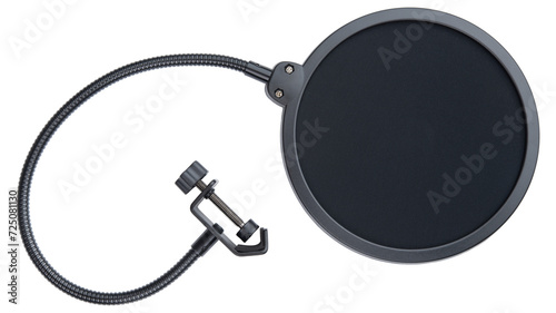 Pop Filter. Pop Filter mount for mic or microphone stand. Condenser or dynamic microphone pop filter. Professional musical, audio voice vocal equipment for broadcast podcast studio or singer artist. 