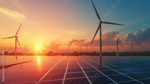 Photovoltaic panels and wind turbines in the light of the rising sun, clean energy concept.