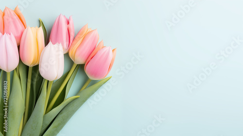 Kwiatowe błękitne minimalistyczne tło na życzenia z okazji Dnia Kobiet, Dnia Matki, Dnia Babci, Urodzin czy pierwszego dnia wiosny. Szablon na baner lub mockup z ściętymi tulipanami. 