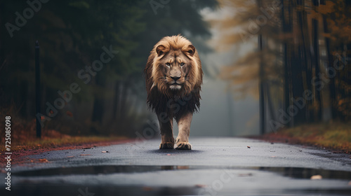 A wild lion in the middle of a road. A car behind. 
