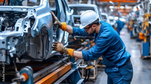 Engineer worker in automotive factory car manufacturing process, assembly line production