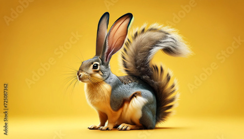 Abstract rabbit squirrel hybrid animal isolated on yellow background. Copy space for text. 