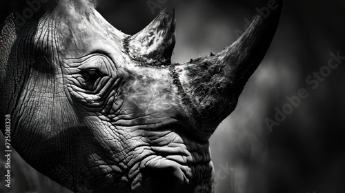  a close up of a rhino's face with a black and white photo of the rhino's face.