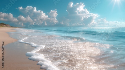  a painting of a beach with waves coming in to the shore and a blue sky with white clouds in the background.