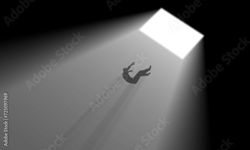 Hole Light Showing Man Failing Deep Down From The Top to the Dark Bottom. Businessman Silhouette Fails into Empty Space. Surrealism Nostalgic Scene. Dramatic Scenery. Low Angle Wide View.