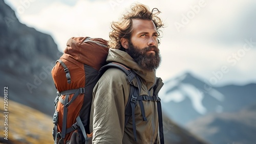 side view portrait of a tramp tourist male loner shaggy with a beard and a backpack in a warm jacket with extreme equipment. adventure man explorer on the mountain in bad weather in autumn. journey