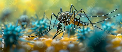 Zika Virus and Mosquito Interaction, the Zika virus on the surface of a mosquito's proboscis. macro photography to emphasize the details of both the virus and the mosquito.