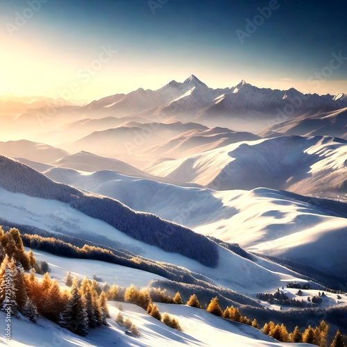 Snow Forest Mountain Tree Landscape Winter sunrise. A serene winter landscape with a snow covered forest and mountain range, gleaming peaks, snow laden slopes
