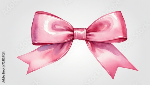 Watercolor illustration of a pink bow with ribbon on a clear background