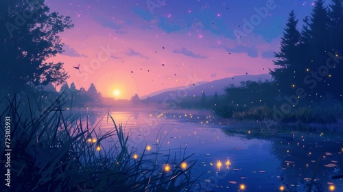 Beautiful anime-style illustration of glowing fireflies over a lake at golden hour