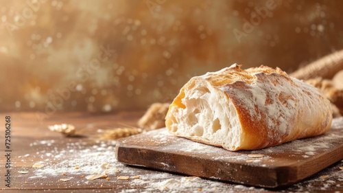 Ciabatta bread loaf on wooden background with flour