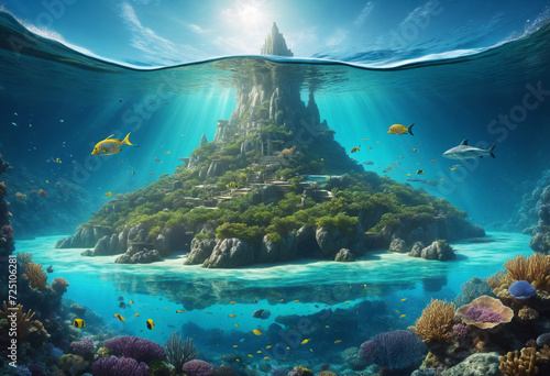 Fantasy island with underwater seascape. Generative AI