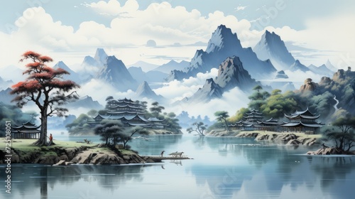 Asian mountain landscape. Neural network AI generated art