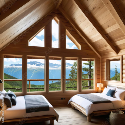 Interior de una cabaña de madera en un árbol con varias camas y ventanas desde las que se ve un paisaje de altas montañas 