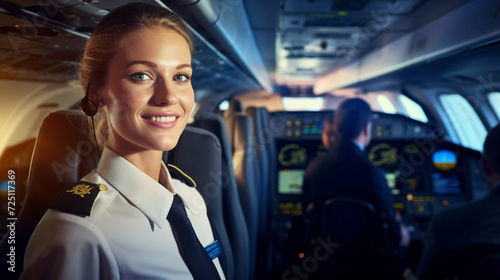 In-flight Service: Female Flight Attendant Taking Care of Passengers